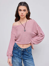 Cotton-blend Asymmetrical Neck Stripe Oversized Crop Sweatshirt