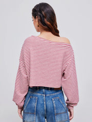 Cotton-blend Asymmetrical Neck Stripe Oversized Crop Sweatshirt