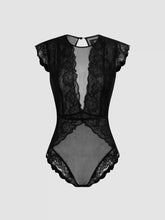 Lace Round Neckline Solid Cut Out See-through Bodysuit
