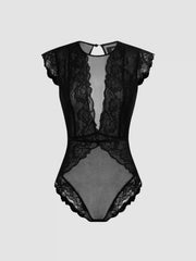 Lace Round Neckline Solid Cut Out See-through Bodysuit