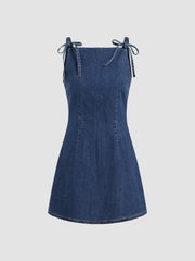 Stretch Denim Solid Zipper Knotted Mini Dress