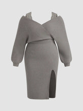 Knitted V-neck Solid Split Lace Midi Dress Curve & Plus