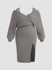 Knitted V-neck Solid Split Lace Midi Dress Curve & Plus