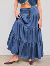 Denim High Rise Solid Tiered Button Pocket Maxi Skirt