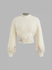 Knit High Neck Floral Embroidery Crop Top