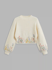 Knit Round Neckline Floral Embroidery Crop Sweater Curve & Plus