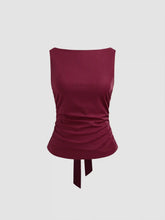 Linen-blend Boat Neckline Solid Bowknot Tank Top