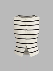Knit Boat Neck Striped Button Split Vest