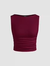 Boat Neck Ruched Solid Crop Tank Top