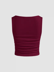 Boat Neck Ruched Solid Crop Tank Top
