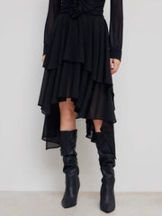 Mid Rise Solid Ruffle Asymmetrical Hem Maxi Skirt