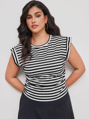 Cotton-blend Round Neckline Striped Ruched Top Curve & Plus