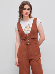 Corduroy Scoop Neckline Solid Button Pocket Jumpsuit