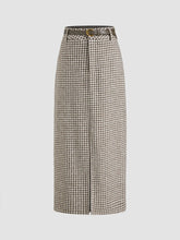 Cotton-blend Mid Rise Houndstooth Maxi Skirt With Belt