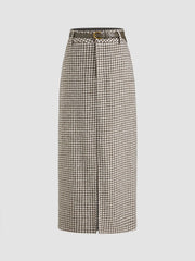 Cotton-blend Mid Rise Houndstooth Maxi Skirt With Belt