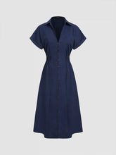 Linen-blend Collar Solid Shirred Button Midi Shirt Dress
