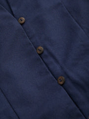 Linen-blend Collar Solid Shirred Button Midi Shirt Dress