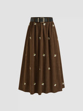 Corduroy Mid Rise Floral Embroidery Ruffle Pocket Maxi Skirt With Belt