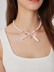 BOWKNOT & HEART FAUX PEARL PENDANT NECKLACE