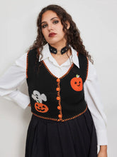 Knit V-neck Pumpkin Ghost Contrasting Binding Vest Curve & Plus