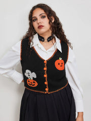 Knit V-neck Pumpkin Ghost Contrasting Binding Vest Curve & Plus