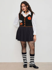 Knit V-neck Pumpkin Ghost Contrasting Binding Vest Curve & Plus