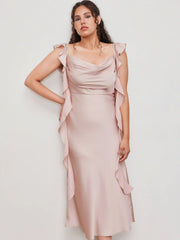Satin Cowl Neck Solid Ruffle Hem Maxi Dress Curve & Plus