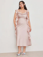 Satin Cowl Neck Solid Ruffle Hem Maxi Dress Curve & Plus