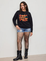 Knit Round Neckline Pumpkin Graphic Oversized Long Sleeve Top Curve & Plus