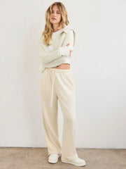 Cotton-blend Mid Rise Solid Drawstring Wide Leg Trousers