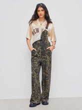 Denim Leopard Pocket Buckle Up Wide Leg Oversized Jumpsuit