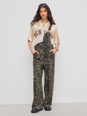 Denim Leopard Pocket Buckle Up Wide Leg Oversized Jumpsuit
