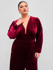 Velvet V-neck Solid Ruched Pocket Wide Leg Jumpsuit Curve & Plus