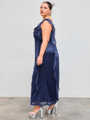 Mesh Cowl Neck Solid Sequin Ruffle Hem Maxi Dress Curve & Plus