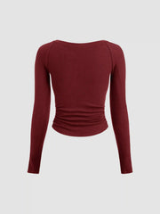 Thermal Cotton-blend Boat Neck Solid Ruched Long Sleeve Tee