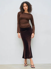 Boat Neck Solid Ruched Long Sleeve Tee