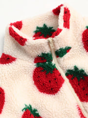 Fleece High Neck Strawberry Pocket Drawstring Oversized Jacket