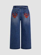 Denim Mid Rise Fire Embroidery Pocket Belted Straight Leg Jeans Curve & Plus
