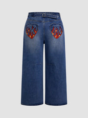 Denim Mid Rise Fire Embroidery Pocket Belted Straight Leg Jeans Curve & Plus