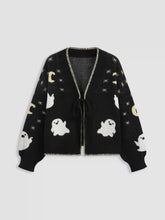 Knit V-neck Ghost Graphic Knotted Cardigan