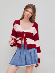 Knit V-neck Striped Tie Front Cardigan