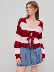 Knit V-neck Striped Tie Front Cardigan