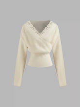 Knit V-neck Solid Lace Trim Wrap Long Sleeve Top