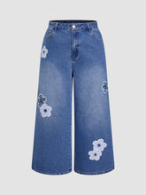 Cider Denim Mid Rise Floral Appliques Wide Leg Jeans Curve & Plus