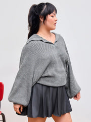 Knit Collar Solid Oversized Long Sleeve Sweater Curve & Plus