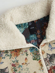 Fleece Collar Floral Cat Knotted Sweatshirt