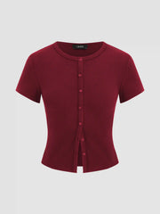 Round Neckline Solid Button Short Sleeve Top