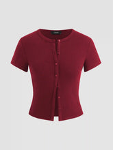Round Neckline Solid Button Short Sleeve Top
