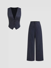 V-neck Stripe Button Tank Top & Mid Rise Pocket Straight Leg Trousers Set