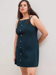 Corduroy Square Neck Solid Button Mini Dress Curve & Plus